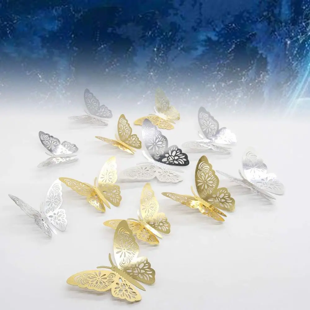 Gold Butterfly Decals Hollow-Out 3D Butterfly Stickers Glitter Art Murals for Wall or Party Decorations