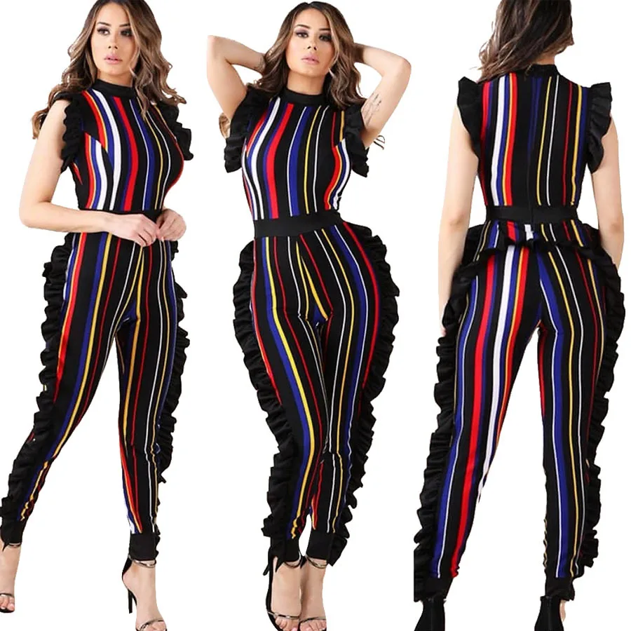Sexy club bodycon  rompers womens jumpsuit ruffle skinny striped print slim casual overalls jumpsuits combinaison femme Y11849
