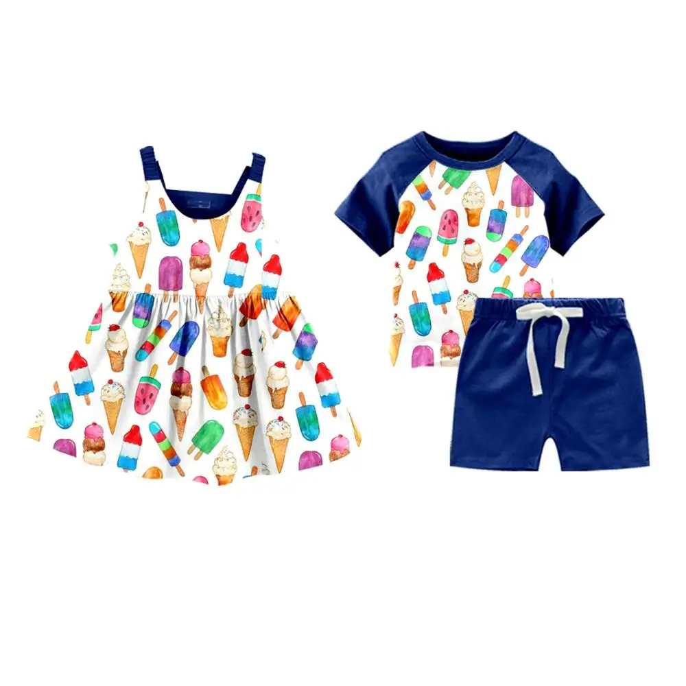 New design girl dress and boy outfit match set ice cream print kids clothing set