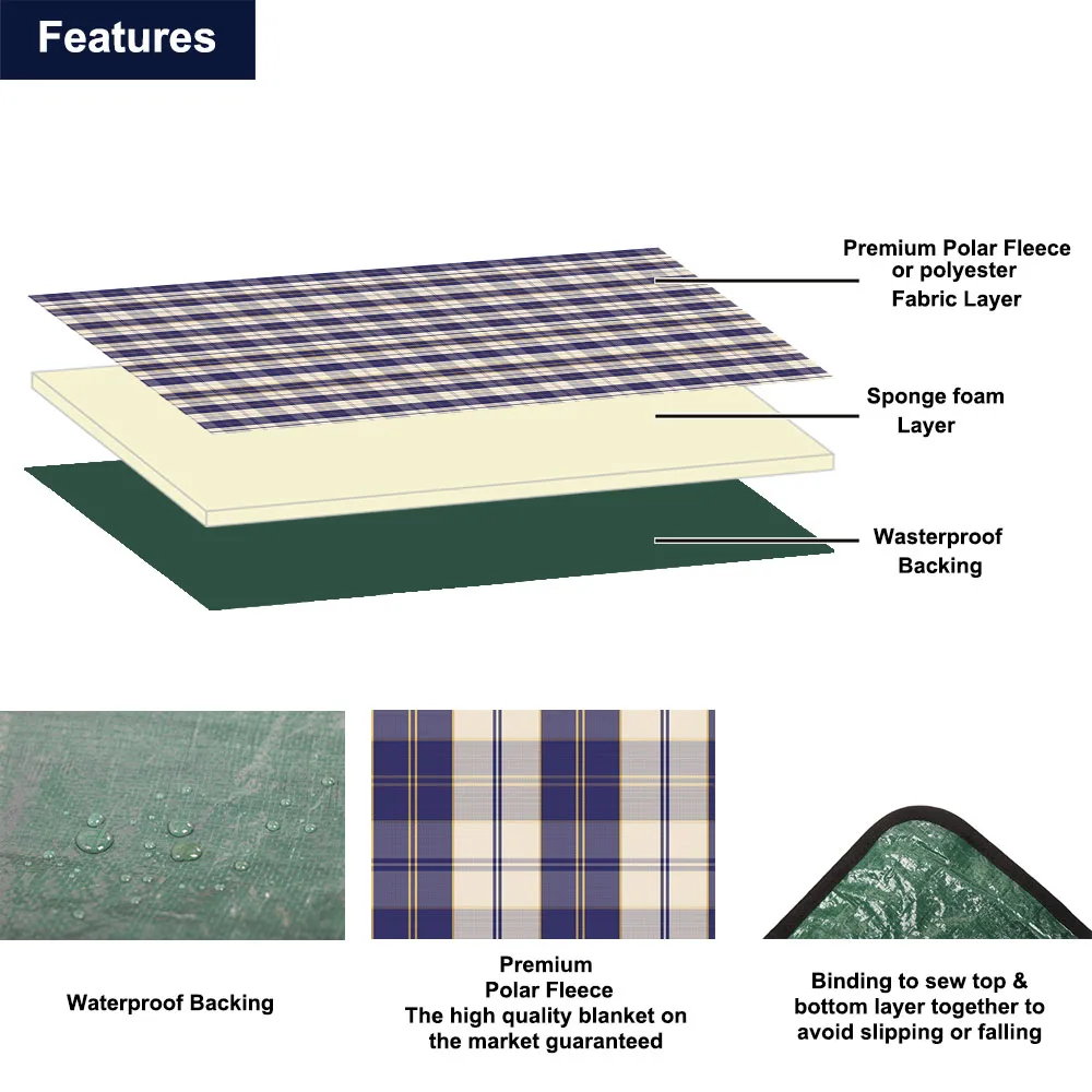 Manufacture Gingham Check Designs Padded Picnic Mat Picnic Blanket large Waterproof Blanket Rug for Outdoor
