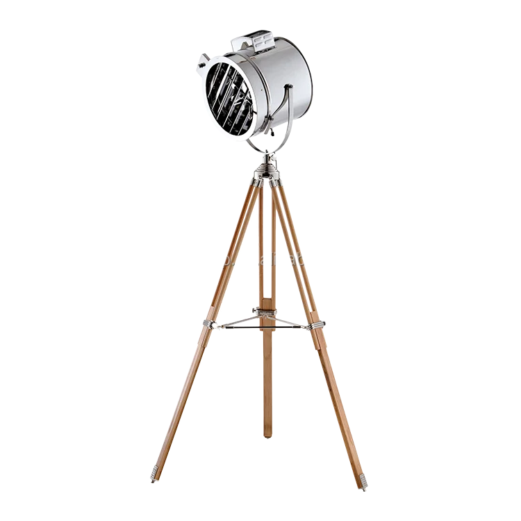 Industrial vintage brass natural wood tripod stand copper floor lamp for living room