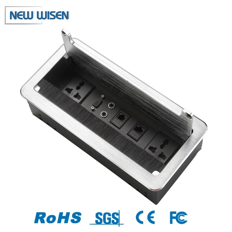 Cable cubby aluminium Tabletop Socket Flip Up Desk Receptacle Multi Power Socket Outlet with audio/VGA connector