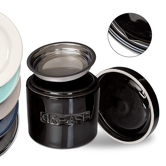Ceramic Bacon Grease Oil Container Keeper with Metal Stainless Steel Strainer