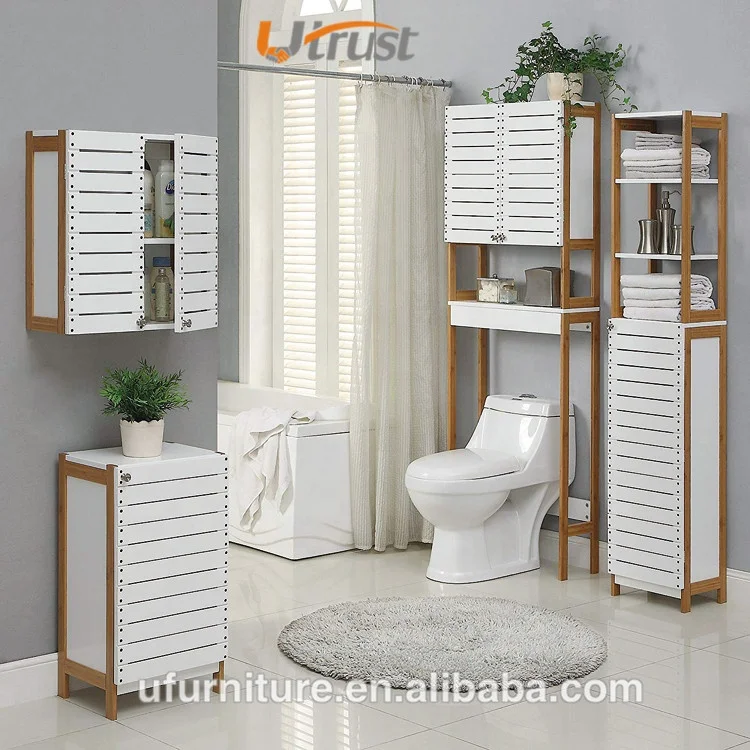 2023 hottest bathroom furniture bamboo made bathroom over toilet storage rack with drain