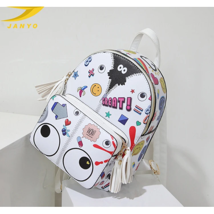 custom logo backpack bag white printed pu leather graphic print stylish backpack for ladies