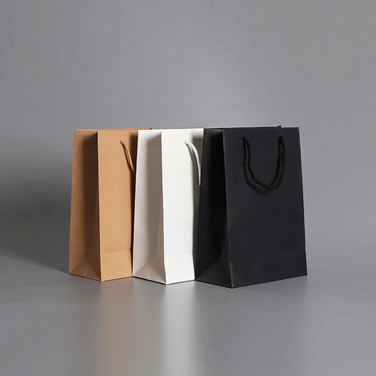 Wholesale custom logo design luxury black white brown cardboard paper bag with cotton Ribbon rope handle