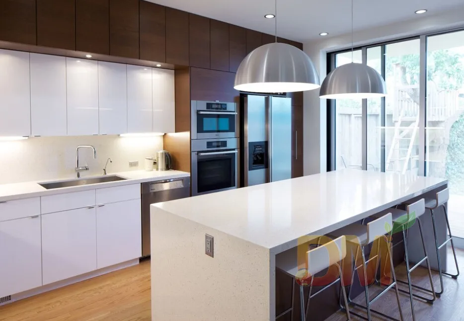 French cream white matte designed custom made kitchen cabinet with small island