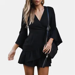 D2612 Custom Logo High Quality Women Ruffle Long Sleeve Casual Shirt Dress