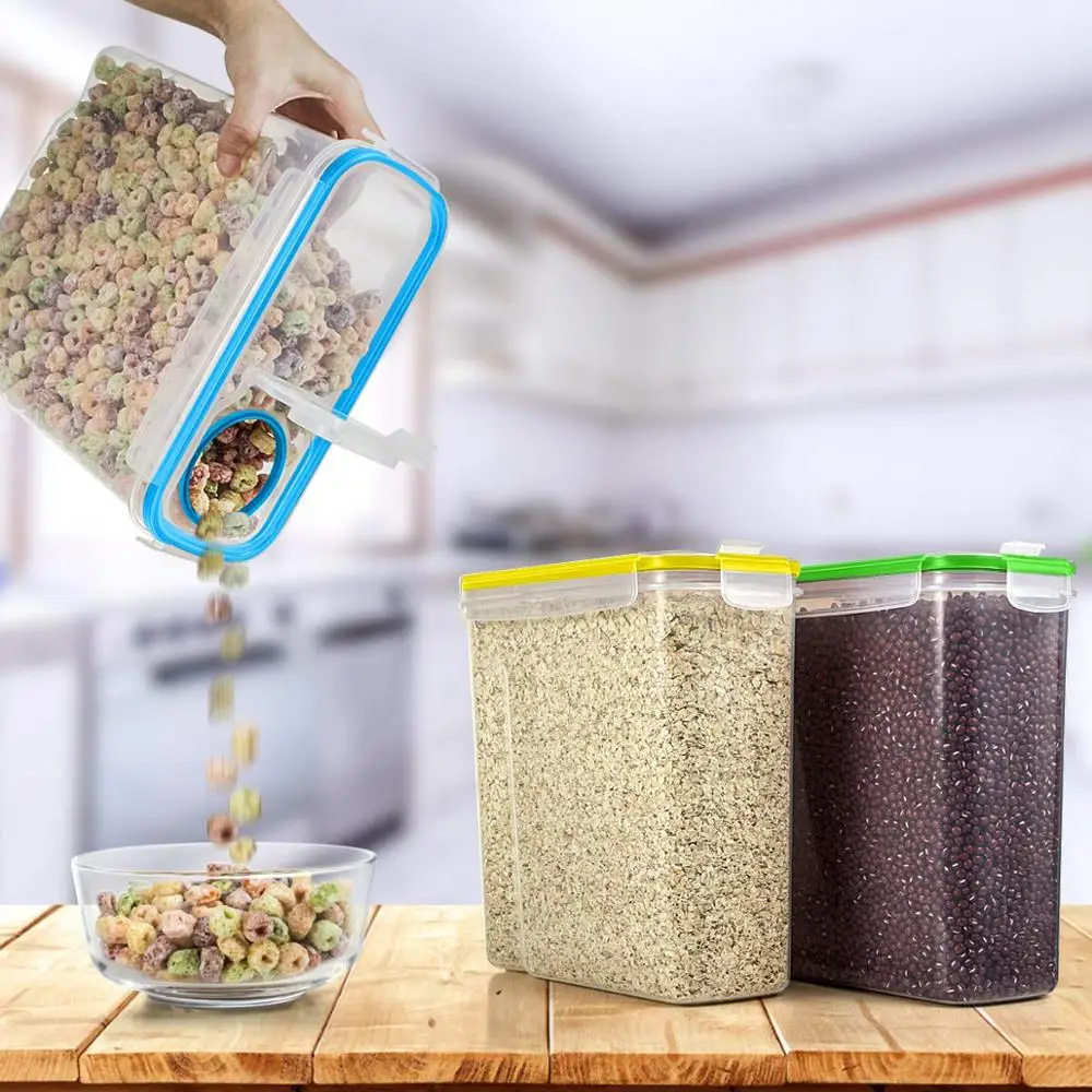 Stackable Large Kitchen Plastic Dry Cereal Food Storage Containers with Colorful Lids