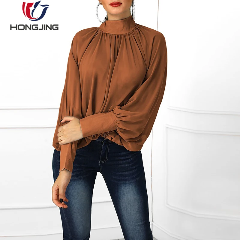 ladyHigh Neckline Lantern Sleeve Wide Cuff Ruched Blouse  back  buttonclosure long sleeve straight hem holiday evening