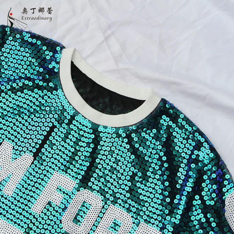 Wholesale Hip Hop Dance Costumes Baseball Shirt Custom Bling Loose Women Oversize Sparkly Sequin Long T Shirt Dress