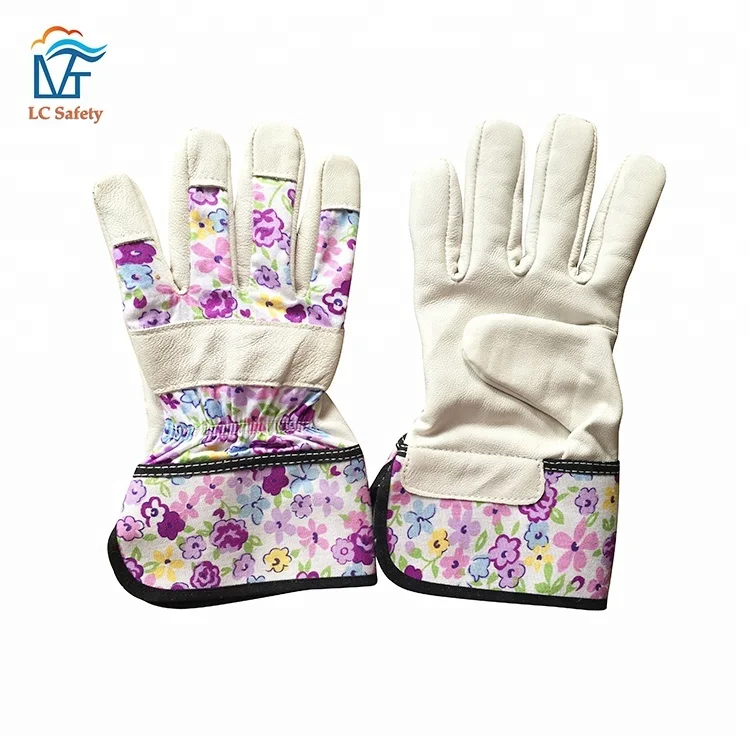 Fashion Cowhide Leather Ladies Elegant Purple Flower Print Garden Gloves