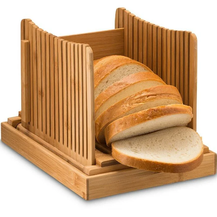 Bread slicing guide Adjustable Foldable Nature Thickness Crumb Catcher Tray Wood Bamboo Bread Slicer with knife
