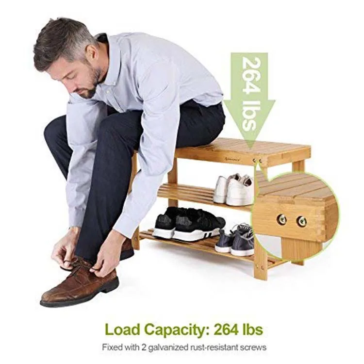 Sturdy Shoe Rack Bench,3-Tier Bamboo Shoe Organizer,Storage Shelf Holds Up to 264 Lbs,ideal for Entryway Bathroom Living