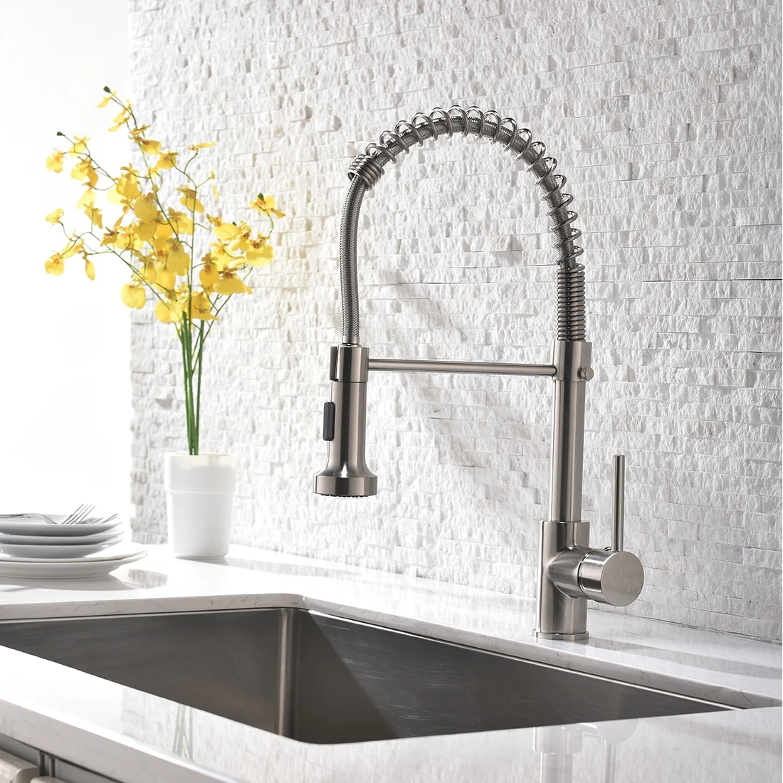 FLG Nickle Brushed Tap Kitchen Griferia Sink Foucet Kitchen Faucet Pull Down CLASSIC Modern Ceramic Wall Mounted Kitchen Faucet