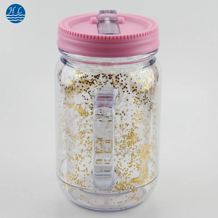 Factory direct supply 16 oz plastic mason jar with handle straw
