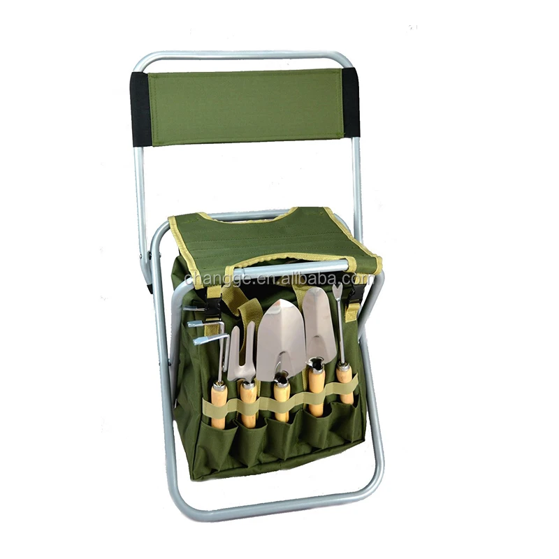 10-piece Gardening Tool Set including Folding Stool Seat with Backrest