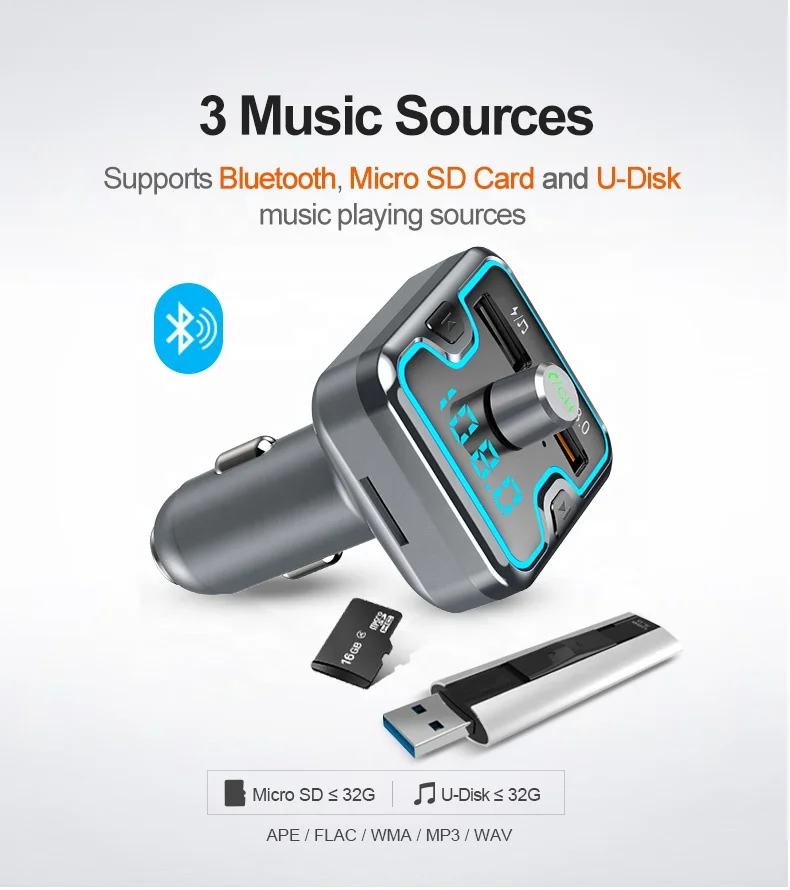 T45Q Bluetooth Car Kit read U disk/TF QC3.0 Charger Handsfree Stereo FM Transmitter MP3 Player Multi color light effect Gray