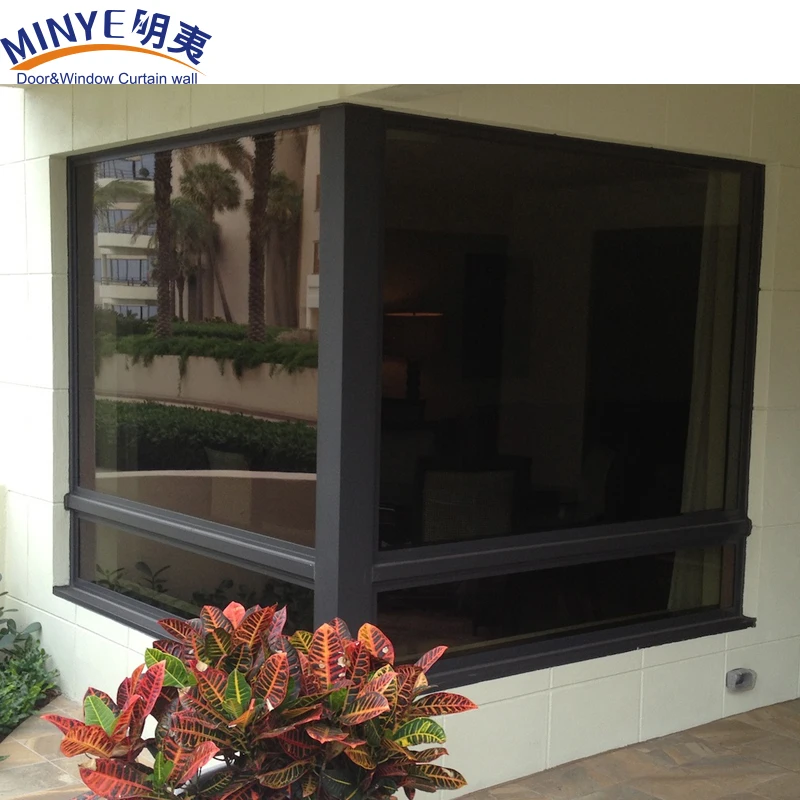 Wood Color Aluminium Frame Glass Corner Window Corner Butt Joint Glass Window  Glass Design