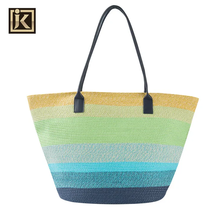 JAKIJAYI Factory price bohemia rainbow colorful hat stripe paper straw beach bag set for women