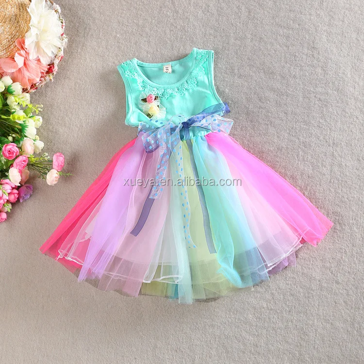 
Rainbow colorful long dress baby teen girl dress 