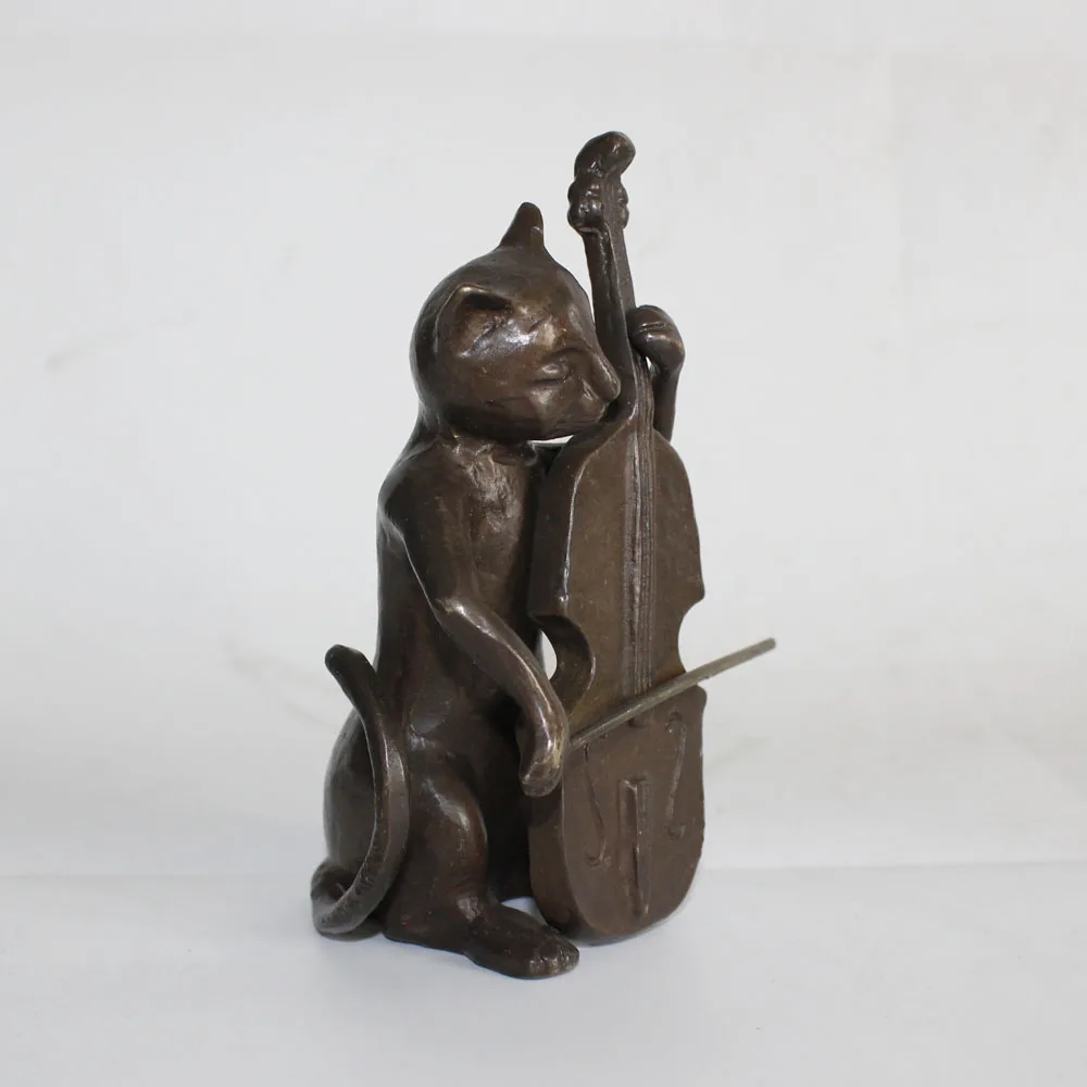 Bronze animal statues/cats play cello figurines