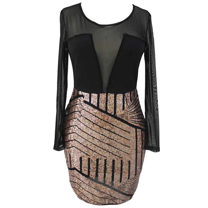 
Hot Selling Cheap Black Long Sleeve Mesh Shadow Sequin Bottom Dress 