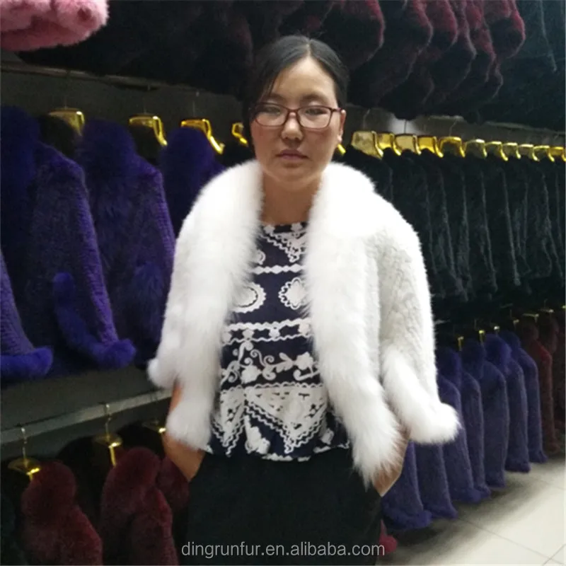 
Women real fur Cape Knitted Mink Fur poncho with fox fur trim 
