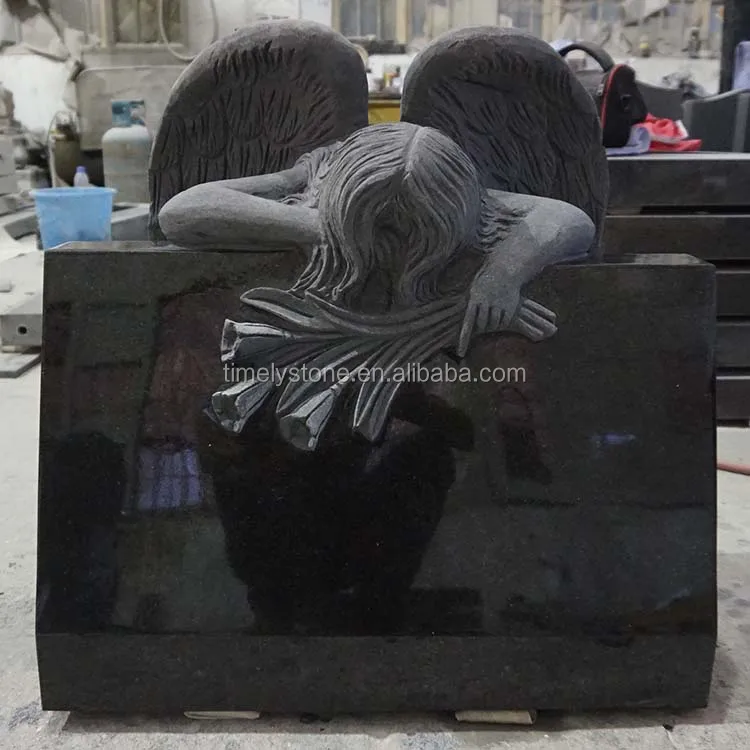 
Chinese Granite Carved Flower Weeping Angel Headstone 
