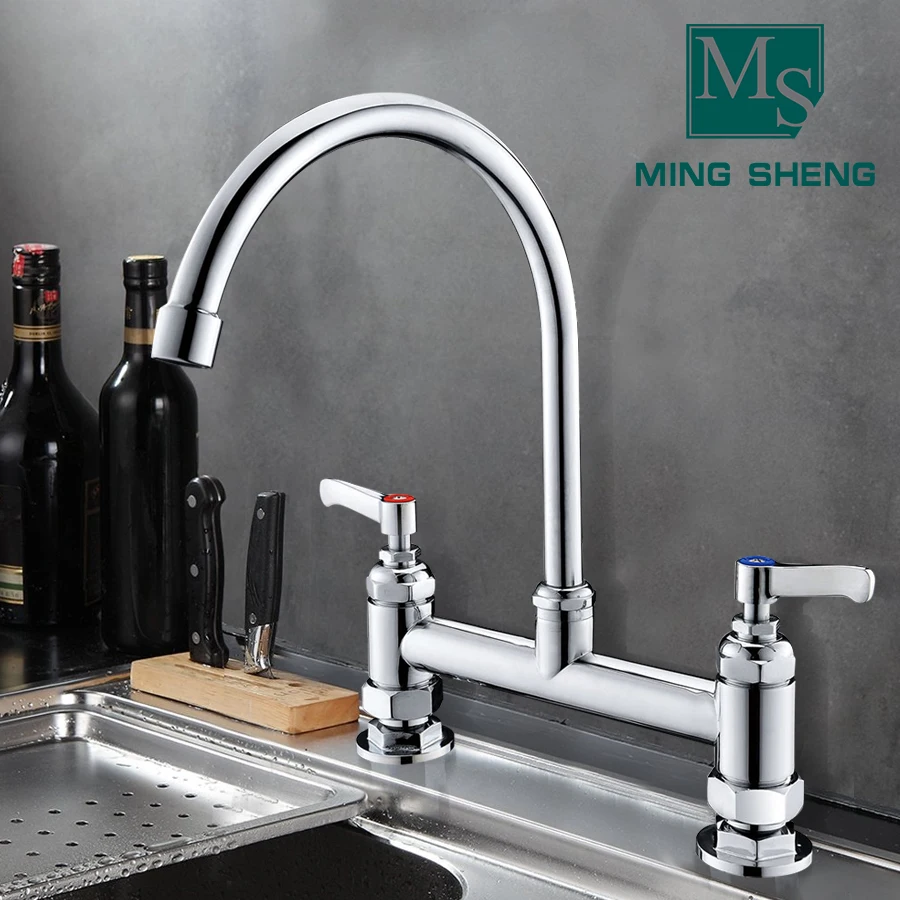 Chrome Deck Mount Dual Lever Handle Gooseneck Kitchen Workboard Sink and Pantry Mixer Faucet Tap with Swing Nozzle