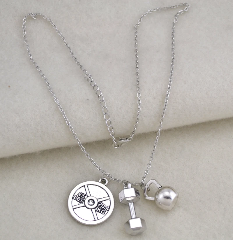 DSC 0470 Vintage Jewelry Physical Education little Dumbbel Kettle Bell Jewelry 20.4KG disc Charm Pendant Necklace