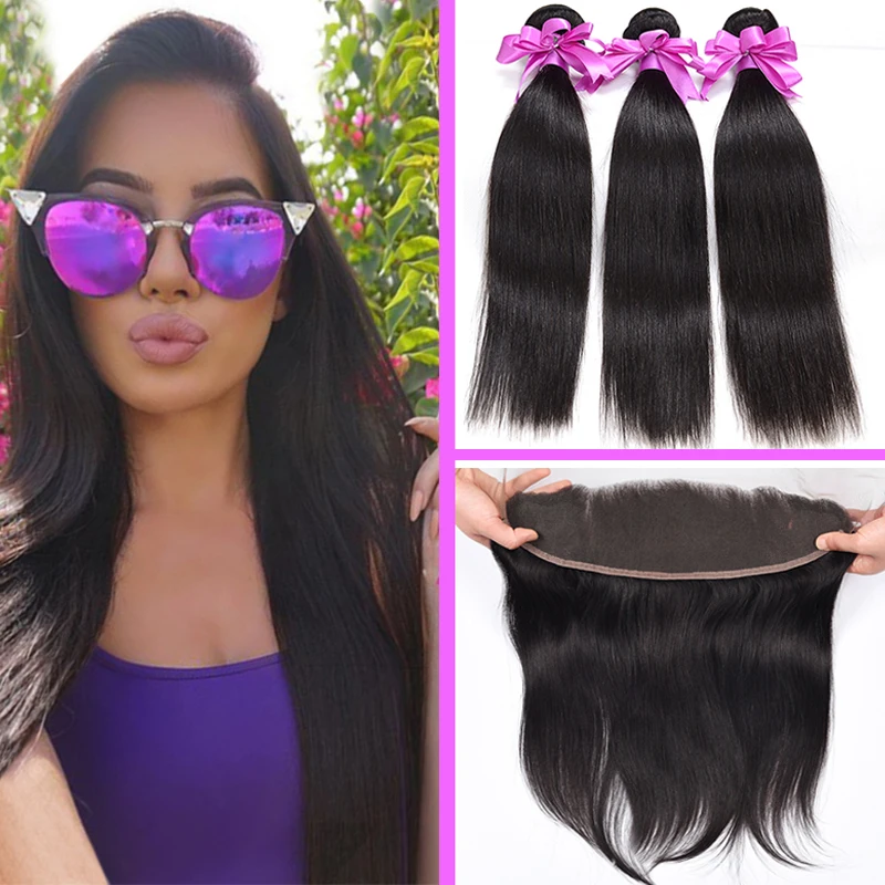 Brazilian Virgin Hair Straight 3Bundles With Ear to Ear Lace Frontal Closure 7A Brazilian Straight Hair