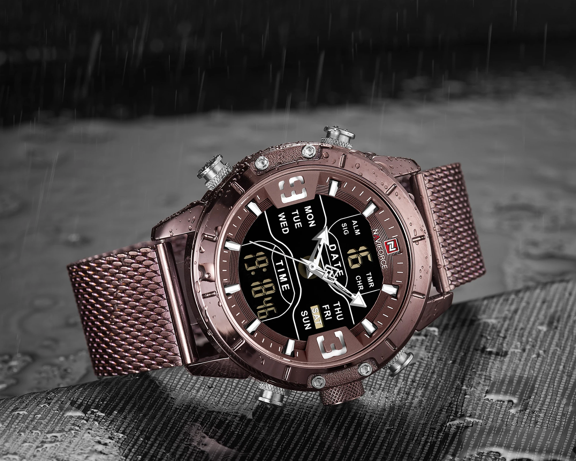 Naviforce 9153 Watch Men Luxury Big Dial Stainless Steel Mesh Mens Wristwatch Waterproof Digital Quartz Other Watches