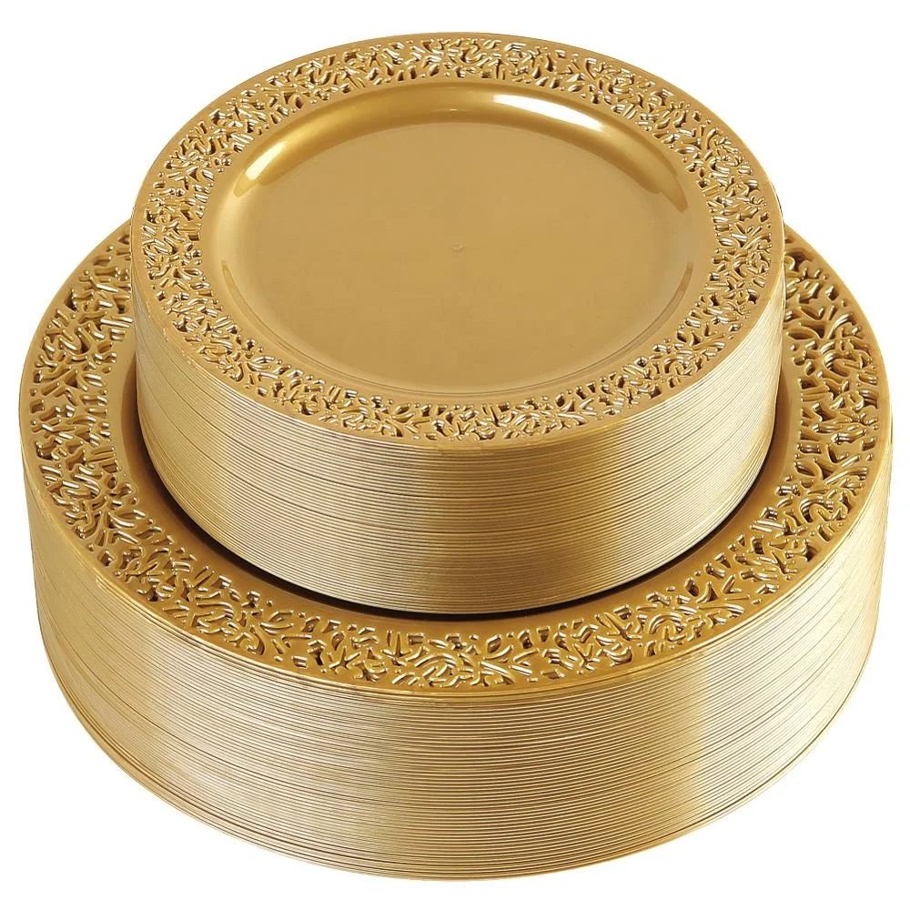 
102pcs Solid Gold Disposable Lace Design Plastic Premium Heavyweight Plates 