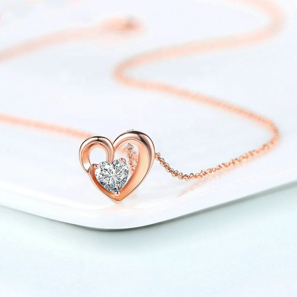 Woman fashion environmental copper jewellery beautiful rose gold color cz diamond necklace with heart shape pendant N056