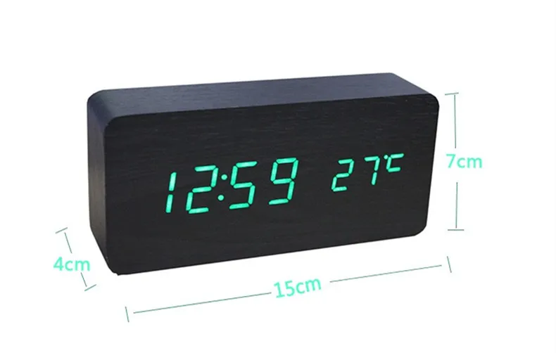 
Display Time Temperature LED Digital Desk Clock Voice Control Wooden Alarm Clock 