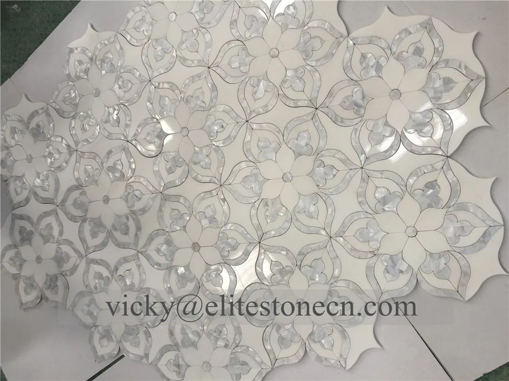 Thassos white marble mosaic flower designs ,mother of pearl flower mosaic ,seashell mix stone mosaic tile