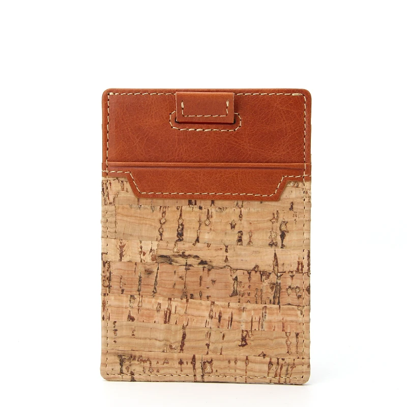 OEM Slim Minimalist Wallet RFID Blocking Leather Cork Credit Card Holder with Pull Tab