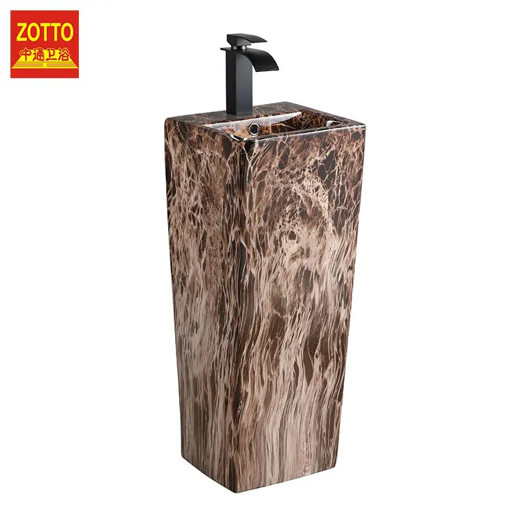 China suppliers one piece washbasin with pedestal marble pattern wholesale stand wash sink ceramic modern pedestal basin