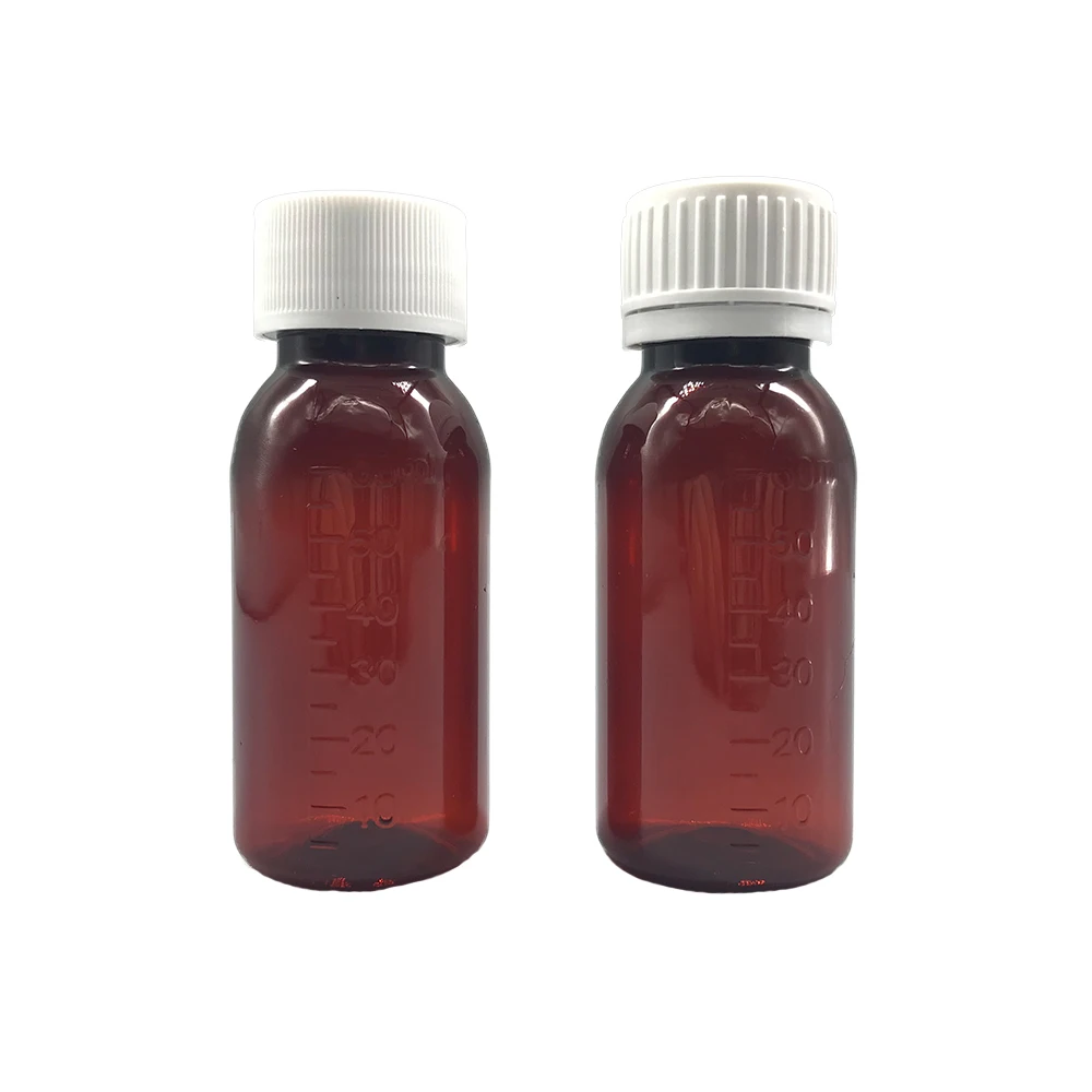 Medical Packaging 60ml amber plastic cough syrup bottle with striped cap