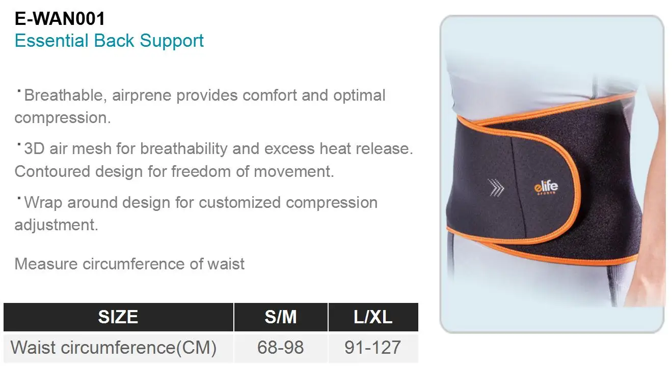 E-Life E-WAN001 essential back brace breathable comfortable waist belt for back pain