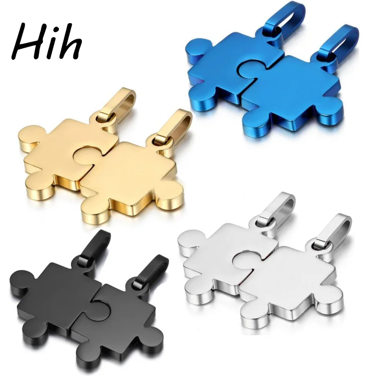 Stainless Steel Cute Couples Puzzle Necklace Pendant Piece Charms Plated Color Sweethearts Necklaces for Christmas Gift