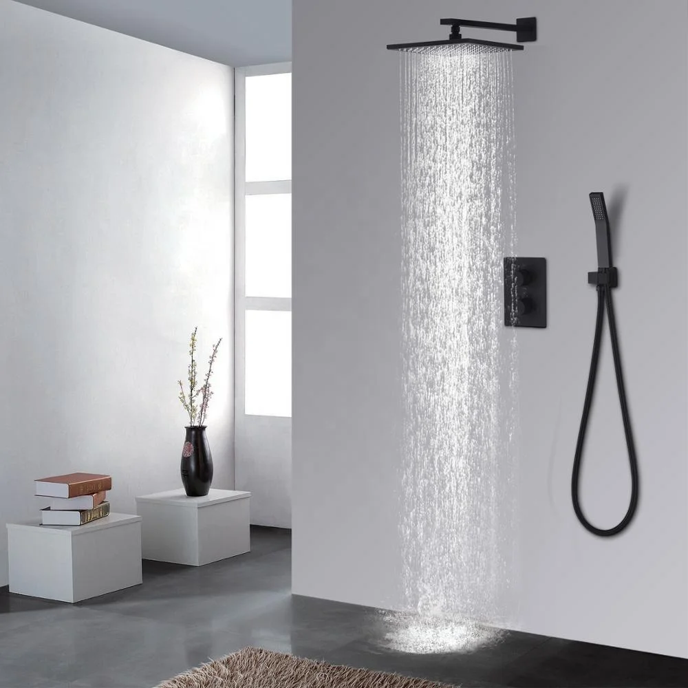 
Bathroom 10 Inch Wall Mounted Thermostatic Rainfall Head Faucet Black Shower Set 
