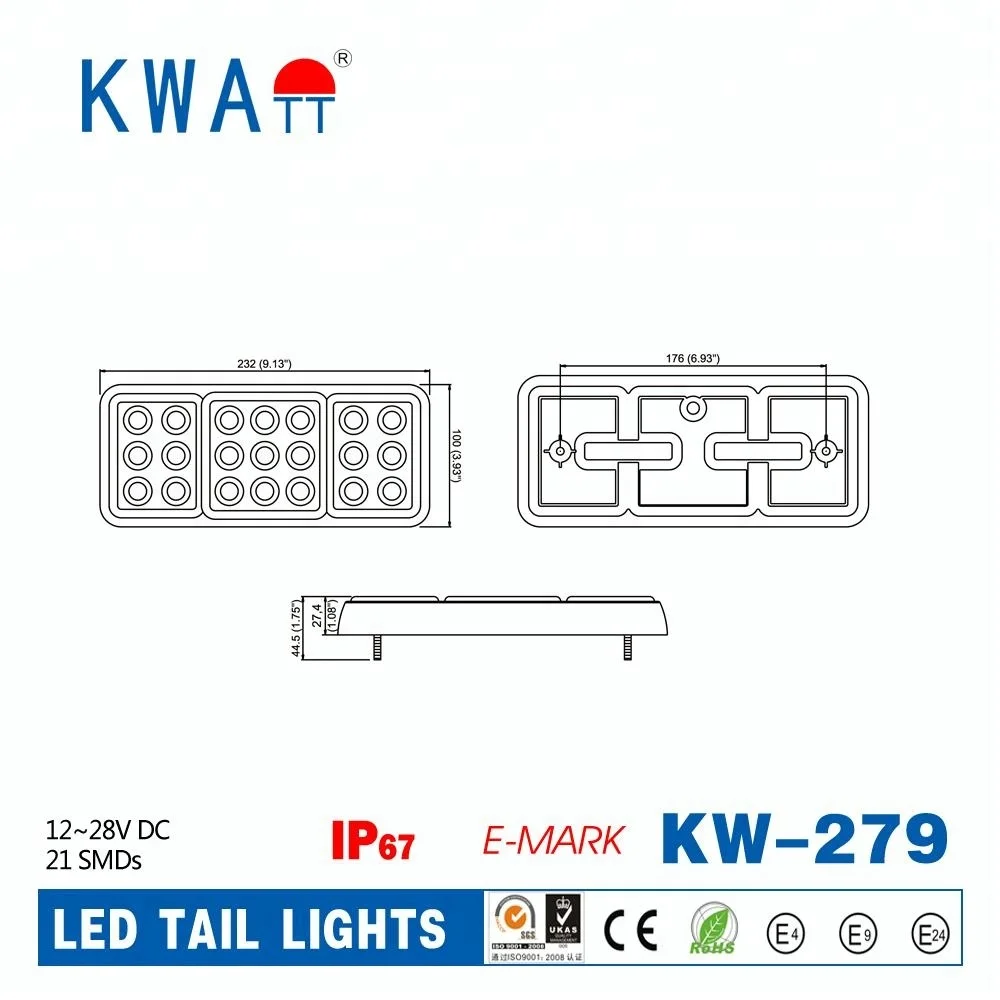 
Factory High Quality SMDs12-24V Rectangle Vehicle stop turn rear TAIL Lights for Truck trailer marine With E-Mark 