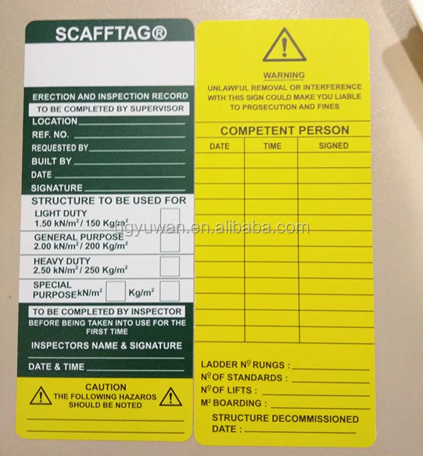 Plastic scafftag for scaffolding