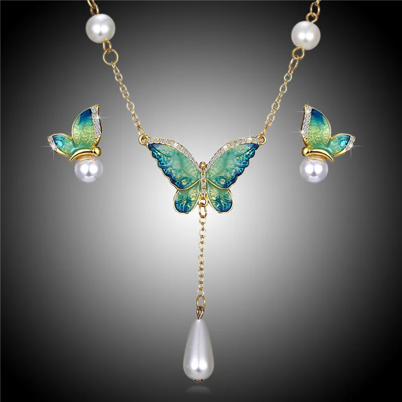 
 Бабочка кулон ожерелье серьги Эмаль живопись комплект ювелирных изделий для женщин и девочек  