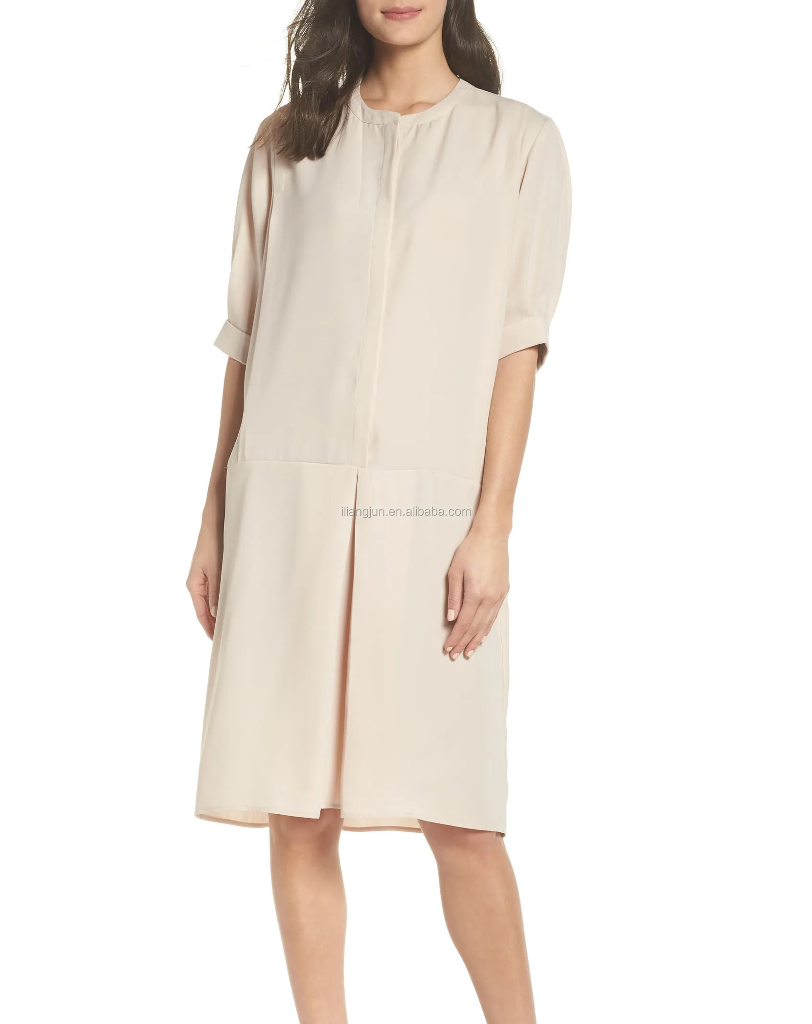 Cuffed elbow sleeve drop waist classic vintage women oversized shirt dress
