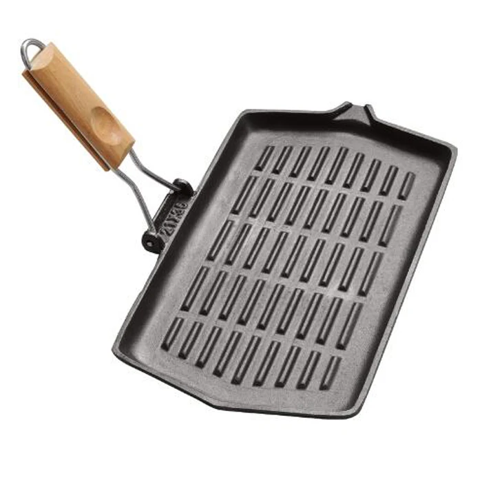Wholesale cast iron baking pan rectangular black color steak frying pan with folding wooden handle