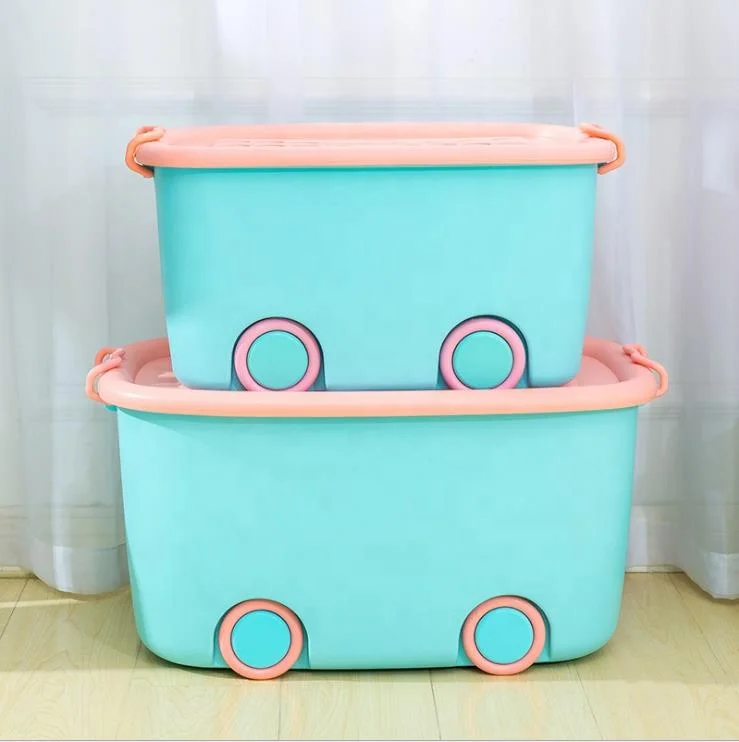 Kids Car Shaped Colorful Plastic Clothes Toy Storage Box With Wheels