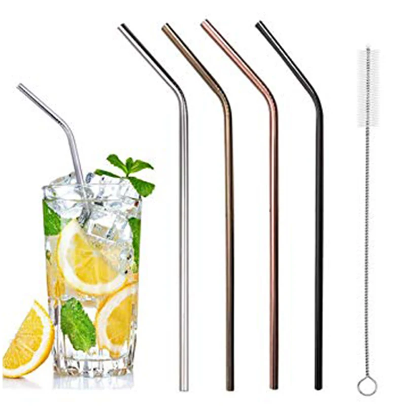 8.5  9 Inch Stainless Bent Recycled Metal multi Chrome Color Titanium Coating Reusable Drinking Straws with brush